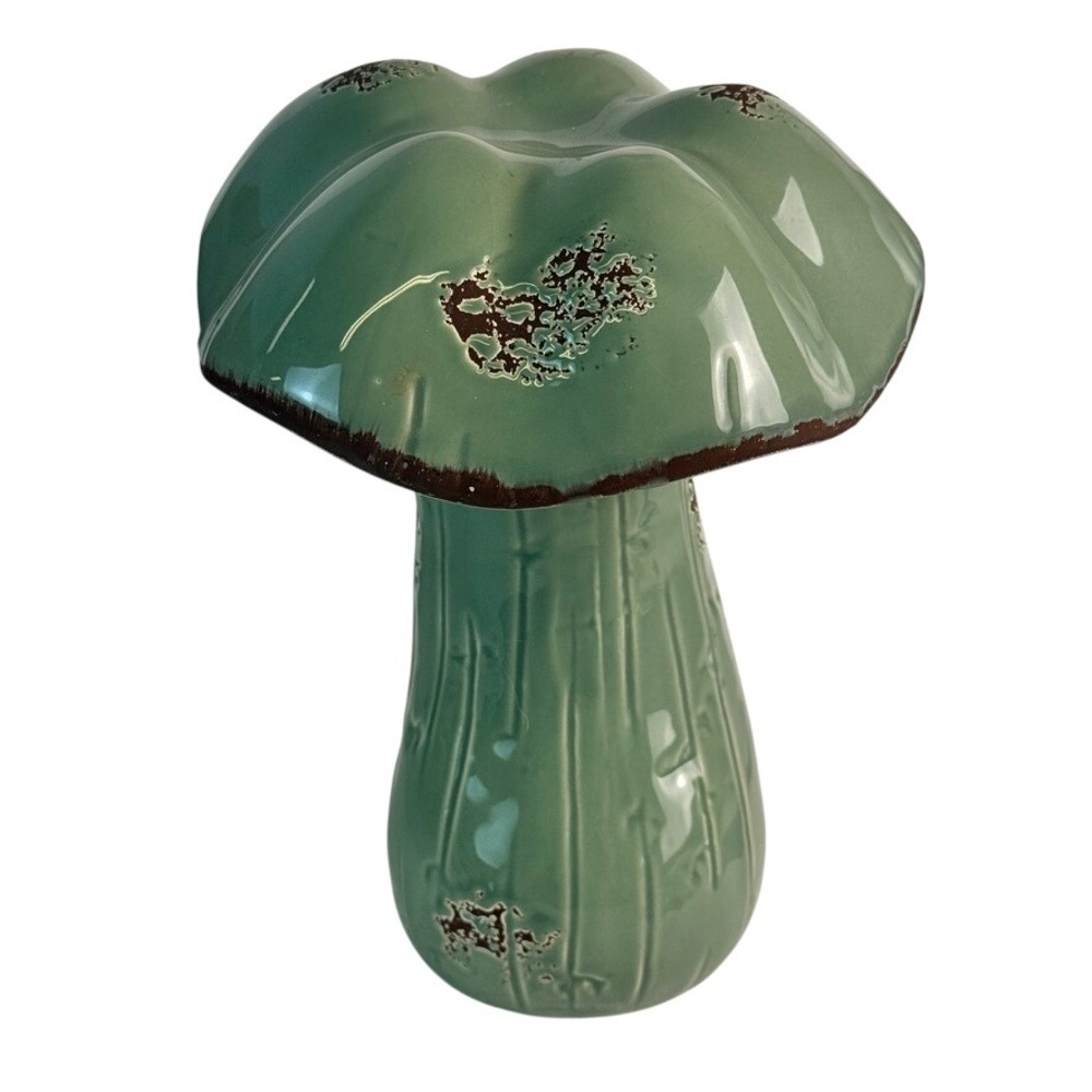 Sage Green Ceramic Mushroom Figurine Distressed Glossy Toadstool Decor 6 inch